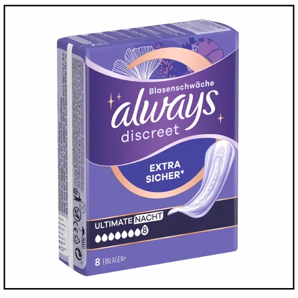 Always Discreet – Extra Secure Night – 8 Pads for Extra Protection