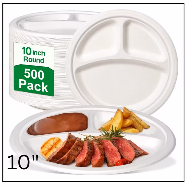 صحن كرتون 3 اقسام – 10 إنش – كرتونة 500 قطعة