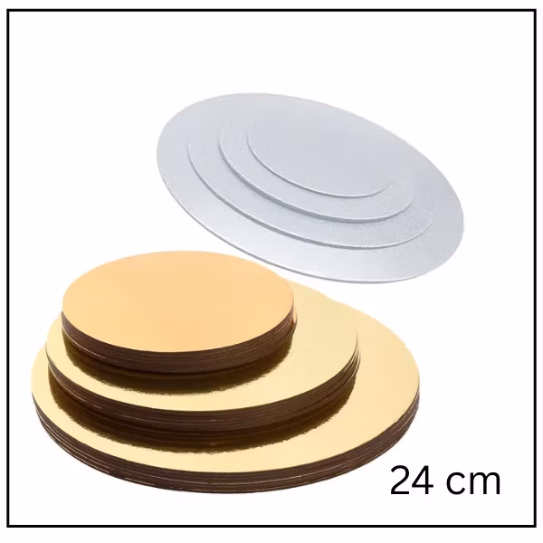 قاعدة كرتون (ذهبية/فضية) رفيعة للكيك – قطر 24 سم - ربطة 250 قطعة